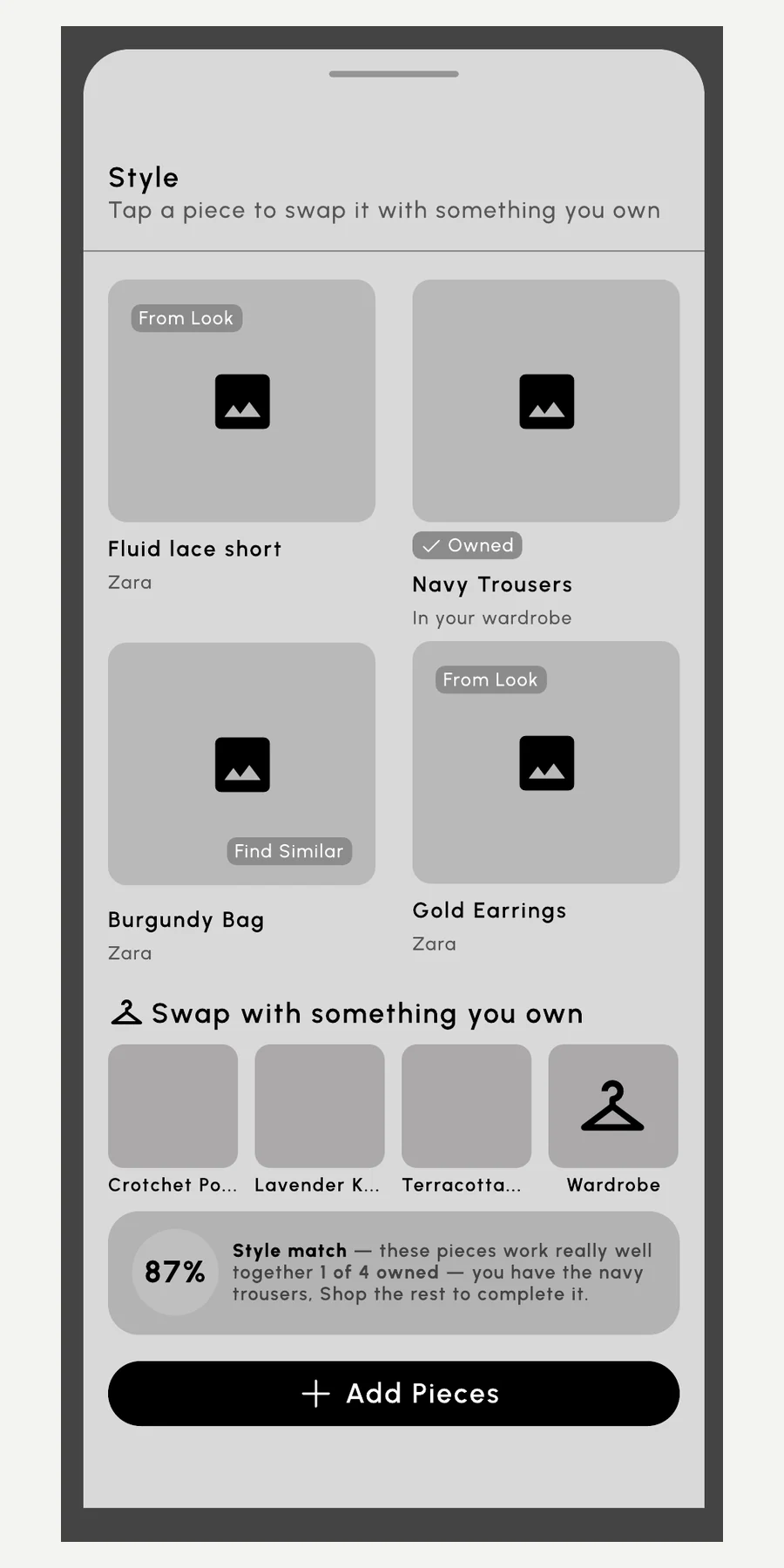 Mid-fi Style Match sheet with gray placeholder images and an 87 percent style match note