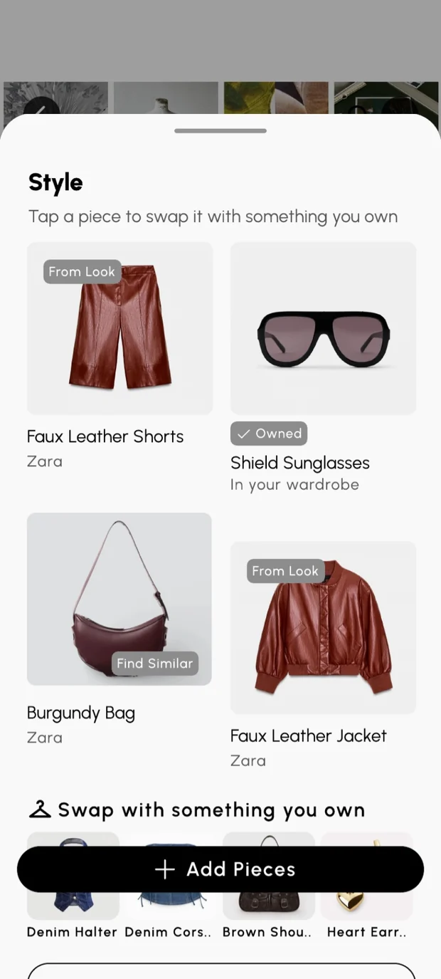 The Style Match sheet with pieces tagged From Look, Owned and Find Similar