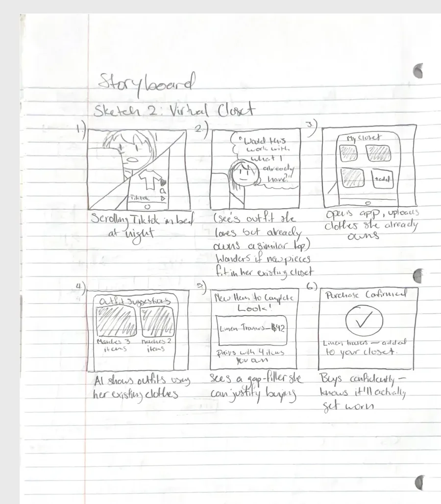Storyboard: virtual closet, from scrolling TikTok to buying a piece that completes a look with clothes she owns