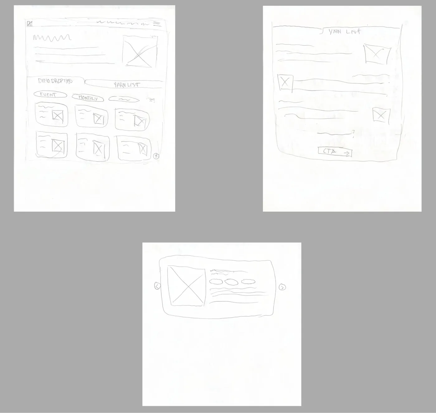 Lo-fi paper sketch of the DinoDex page with tabs, filter pills, and a card grid