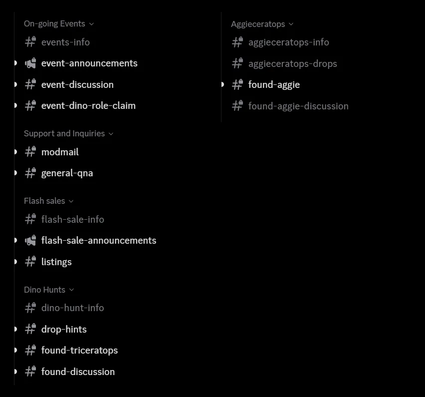The club’s Discord sidebar, with separate info channels for hunts, flash sales, events, and Aggieceratops